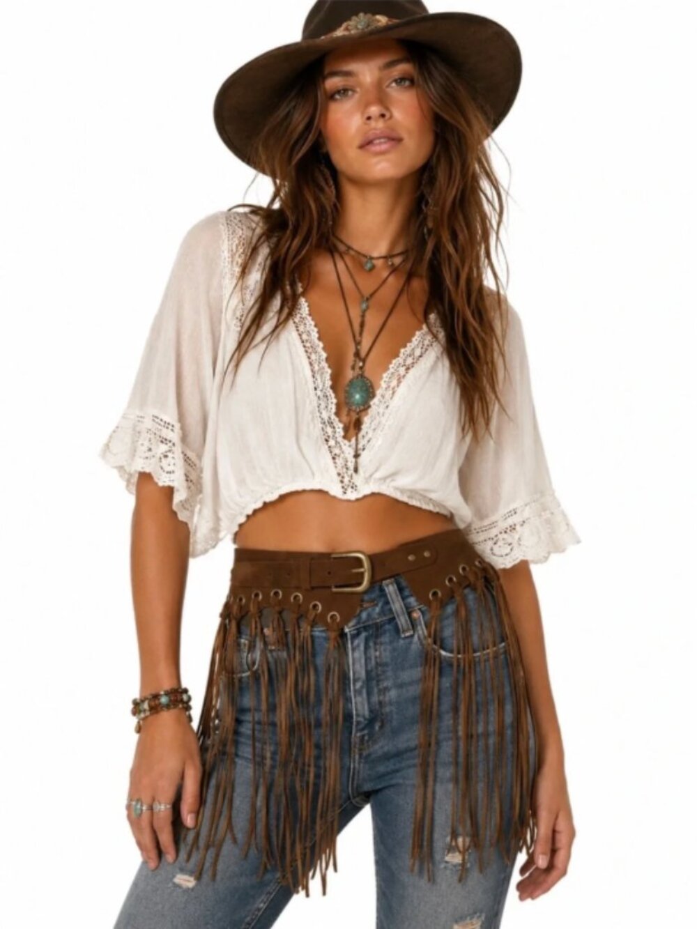 House of Harlow 1960 Tan Fringe Leather Waist Belt w/ Brass Buckle, Light Brown
